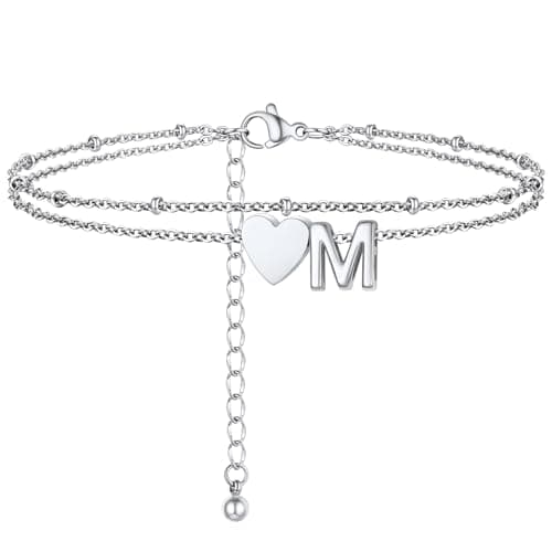 PROSTEEL Womens Heart Anklets Silver Ankle Chain Cute Letter M Foot Jewelry Anklet with Initials