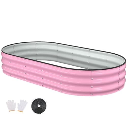 Patiobay Raised Garden Bed, 6x3x1ft Galvanized Outdoor Planter Beds with Safety Edging and Gloves, Oval Metal Planter Box for Gardening Vegetables Flowers Herb-Blossom Pink