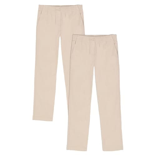 Approved School Wear Girls' School Uniform Pull On Pants, Stretch Twill & Straight Leg, Multipack, Khaki/2-Pack