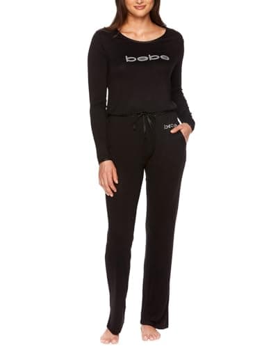 bebe Womens Long Sleeve Shirt and Pajama Pants Lounge Sleepwear Set (Black, 1X Plus Size)