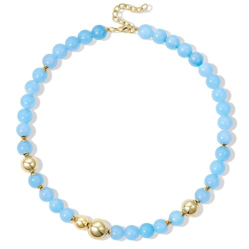 KissYan Beaded Necklaces for Women, 14K Gold Plated Natural Gemstones Beach Choker, Boho Handmade Crystal Ball Chain Blue Stone Summer Jewelry Gifts Blue