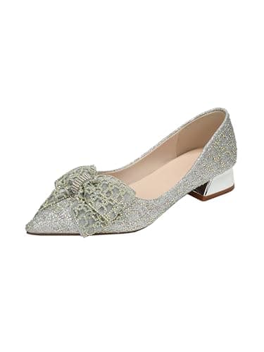 Women's Chunky Heel Pumps Pointed Toe Block Low Heel Shoessilver Size 10.5
