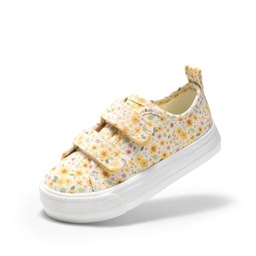 DREAM PAIRS Kids Toddler Sneakers Boys Girls Canvas with Cartoon Dual Hook and Loops for School Walking,Size 6 Toddler,Yellow/Flower,KKUMFN2508