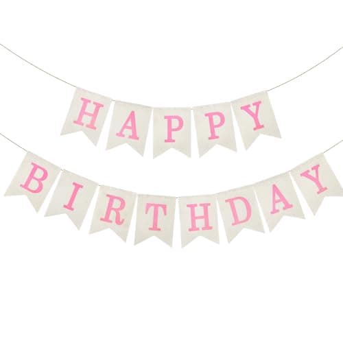 Babenest Burlap Happy Birthday Banner Sign for Party Deco, Pink