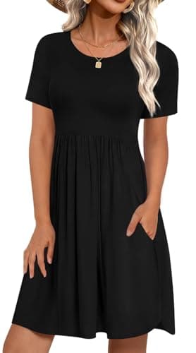 LONGYUAN Womens Casual Short Sleeve Dresses Loose Comfy Swing Sundress with Pockets Black Large