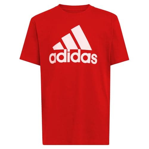Adidas Boys Short Sleeve Badge of Sport T-Shirt – 100% Cotton Jersey Tee with Ribbed Crewneck and Regular Fit, Red Core, L (14/16)