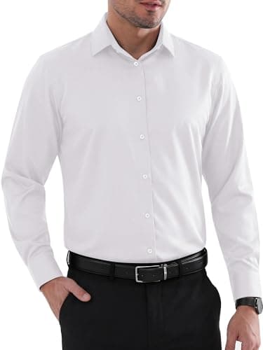Biodeer White Dress Shirt for Men Long Sleeve Button Down Shirt Solid Business Casua Regular Fit Stretch Wrinke Free Shirts (White Small)