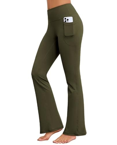 AegisChic Flare Yoga Pants with Pockets for Women Wide Leg Tummy Control Flared Workout Leggings High Waist Army Green