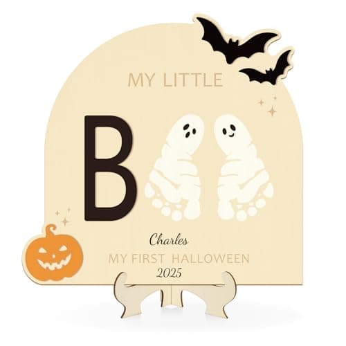 Baby's First Halloween DIY Footprint Art Card Wooden Little Boo Sign