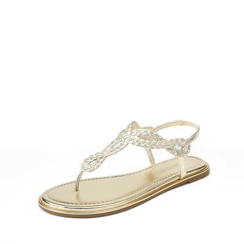 DREAM PAIRS Women's Flat Sandals Dressy Summer Stappy Comfortable Ankle Elastic T-Strap Beach Thong Sandals,Size 6,Gold,SDFS2406W