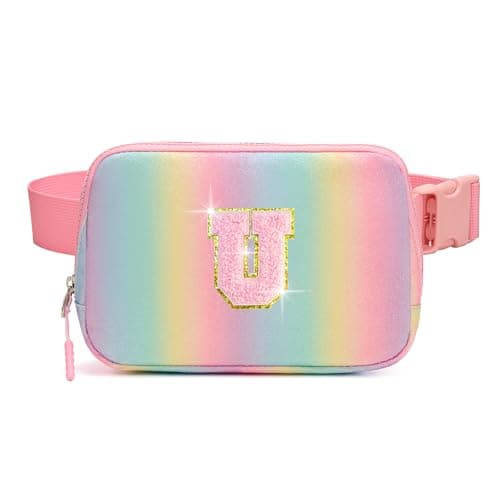 Birthday Graduation Gifts for 5 6 7 8 9 10 11 12 Year Old Her Girl Teens Kids, Glitter Initial Letter Fanny Pack for Girls Travel Essential, Personalized Belt Crossbody Bag Trendy Stuff, Rainbow U