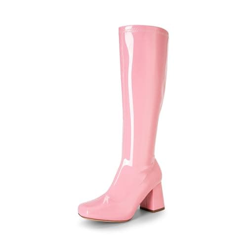 DREAM PAIRS Women's Gogo Boots Square Toe Chunky Wide Calf Knee High Boots,Size 5,Pink-Pat,SDKB2231W