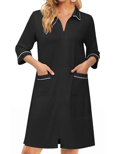 Ekouaer Zipper Robes for Women 3/4 Sleeve Housecoats Knee Length Bathrobe Lightweight Nightgown with Pockets