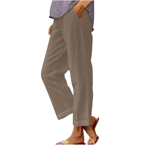 Womens Cotton Linen Blend Pants Summer Casual Cropped Straight Leg Capris Lightweight Ankle Length Trousers Pockets Loose Fit Breezy Boho Petite Plus Size Gauze Wide Leg 2026 A-2-Taupe X-Large