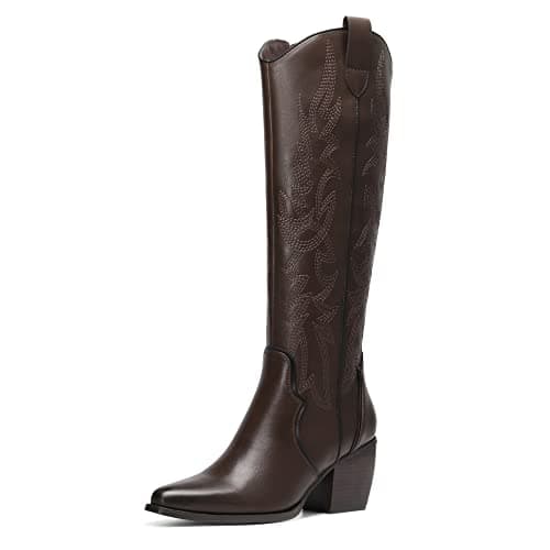 DREAM PAIRS Womens Cowboy Boots Wide Calf Comfortable Pull On Zipper Chunky Heel Pointed Toe Embroidered Western Cowgirl Knee High Boots Ladies Retro Tall Boot,Size 5.5,Brown/Pu,SDKB224W