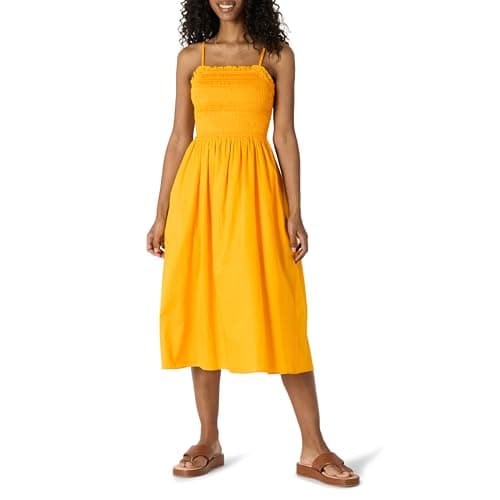Amazon Essentials Women's Regular-Fit Cotton Sateen Smocked Bodice Dress, Golden Yellow, Large