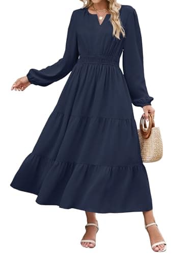 ZAFUL Womens Fall Maxi Dresses 2025 Puff Long Sleeve V Neck High Waist A Line Long Flowy Tiered Wedding Guest Dress Pockets Navy Blue Small