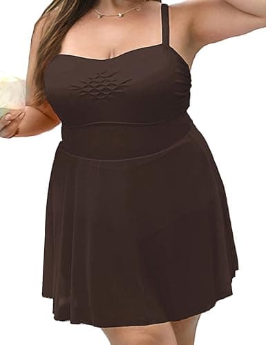 Curvtide Plus Size Swim Dress One Piece Bathing Suit Romper Swimsuits Tummy Control Modest Swimwear Swimdress for Women(Coffee,1XL)
