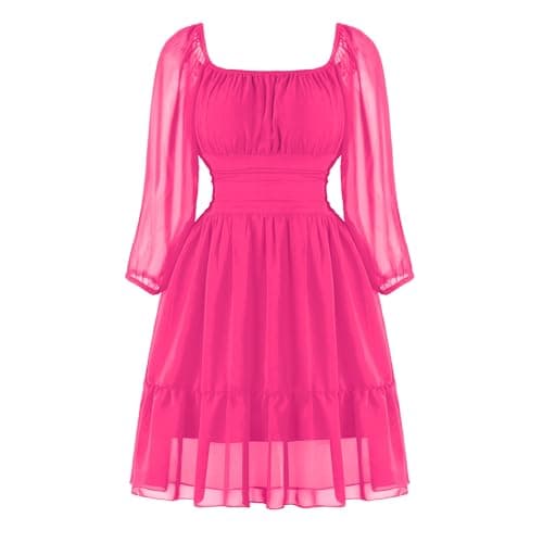 PUKAVT Women's Summer Dresses 2026 Square Neck Tie Back 3/4 Lantern Sleeve Vintage Chiffon Short Dress Fuchsia XS