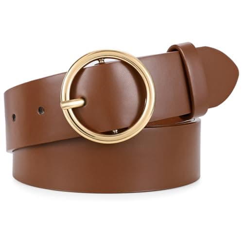 XZQTIVE Women Leather Belt with Circle Gold Buckle Fashion Ladies Waist Belt for Jeans Pants Dresses,Dark Brown