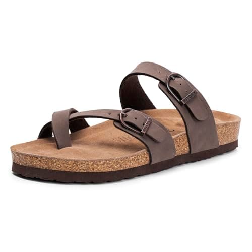 FITORY Women's Slide Sandals with Soft Cork Footbed, Comfort Arch Support Flat Sandals for Summer Brown Size 8