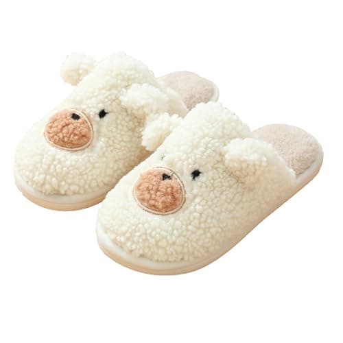 Jbciuds Women’s Slippers Outdoor Indoor Memory Foam House Slippers Warm Plush Bedroom Anti-Slip Shoes with Cute Bear Pattern, Beige 5