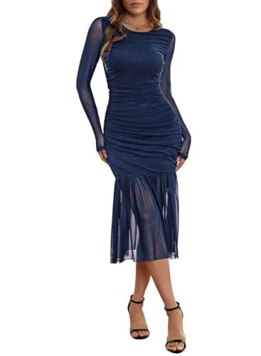Women Fall Elegant Long Sleeve Maxi Bodycon Dress Solid Color Stretch Mesh Slim Party Cocktail Dresses Navy Blue XL