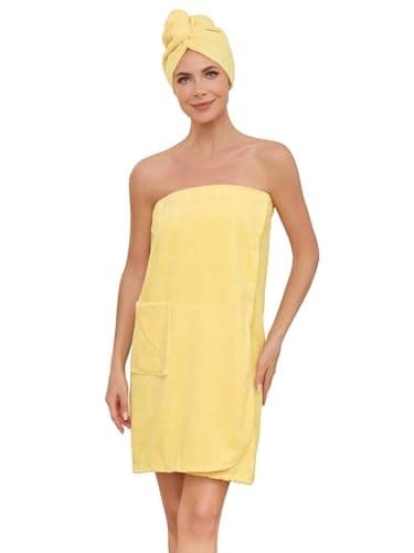 Air Curvey Soft Wrap Towel for Women Lightweight Spa Body Wrap Shower Wrap Robe Adjustable Closure Bathrobe with Pocket Yellow XL