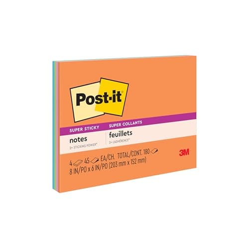 Post-it Super Sticky Notes, 8 x 6 in, Neon Fizz, 4 Lined Pads