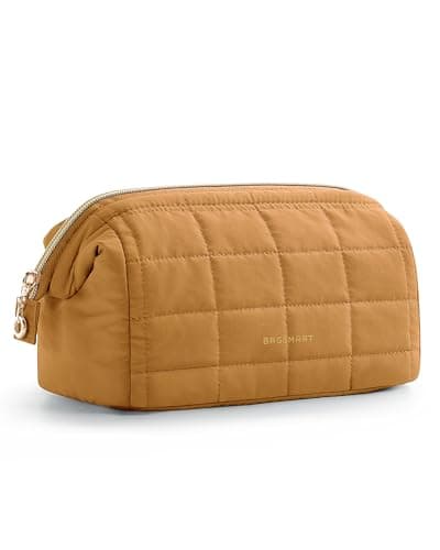 BAGSMART Puffy Padded Travel Makeup Bag, Wide-open Toiletry Bag, Mustard Yellow