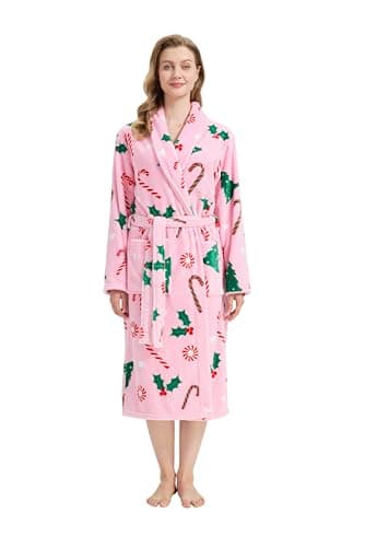 HYGLuosie Women's Medium Weight Plush Long Fuzzy Bathrobe with Pockets, Soft Fleece Loungewear(CHIRTSMAS-M)