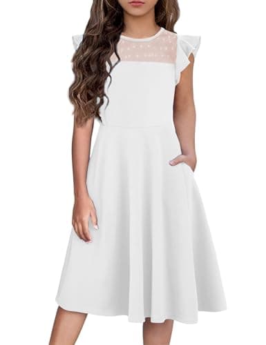 Flypigs Girl Dresses Flutter Short Sleeve Summer Formal Casual Wedding Party Fancy Girls Tween Dress White 8-9 Years