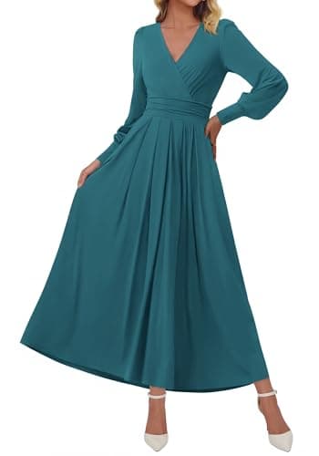BTFBM Womens Long Sleeve Maxi Dress Fall 2025 Casual V Neck Knit A Line Flowy Pockets Elegant Party Wedding Guest Dresses(Teal, X-Large)