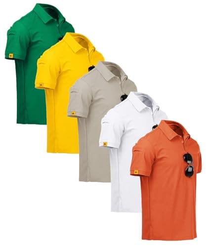 ZITY 5 Pack Mens Polo Shirt Short Sleeve Sports Golf Tennis T-Shirt Moisture-Wicking Summer Shirts Grass Yellow Lightkhaki White Orange Medium
