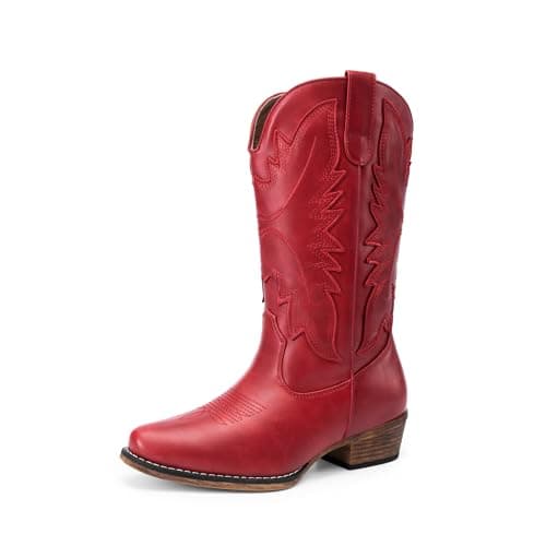 DREAM PAIRS Cowboy Boots for Women Cowgirl Western Mid Calf Boots Snip Toe Embroidered Stitched Low Chunky Heel Pull On Fashion Boots,Size 8.5,Red,SDMB25005W-2