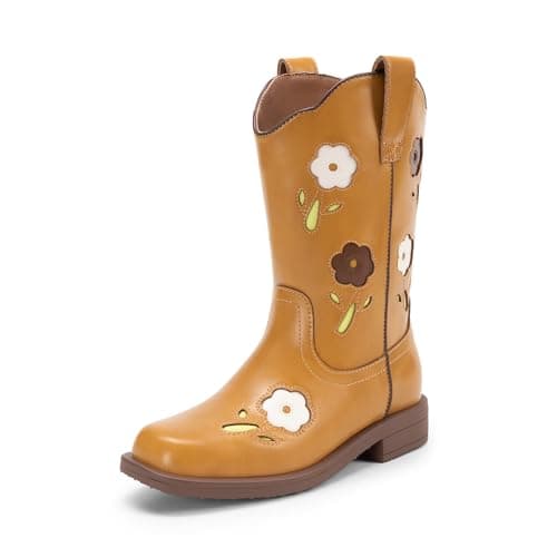 DREAM PAIRS Girls Cowboy Cowgirl Boots Floral Embroidered Western Square Toe Mid Calf Toddler Little Big Kid for Birthday Party Concert,Size 9 Toddler,Camel,KKUMMB2503