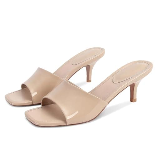Dsevht Nude Kitten Heel Sandals Stiletto Low Short Heels Slip On Slides Mule Sandal Square Open Toe Summer Dress Shoes for Women