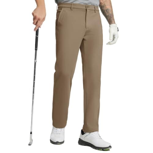 M MAELREG Mens Golf Pants Stretch Sweatpants Casual Workout Hiking Winter Brushed Insulated Mens Fleece Lined Pants Dark Khaki