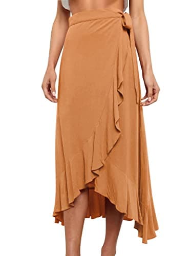 Ezcosplay Women Ruffle Wrap Skirt Tie Waist Boho High Low Asymmetrical Midi Beach Skirt Khaki