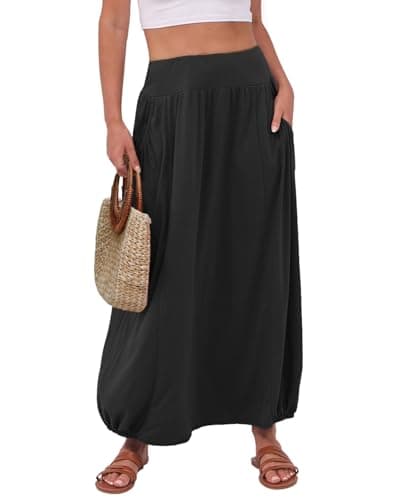 ANRABESS Women's Summer Boho Flowy Maxi Skirts,Black,S