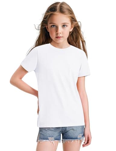 KEREDA Girls Shirts Short Sleeve Soft Cotton T-Shirts Plain Tees Tops Clothes for Kids White 5-6 Years