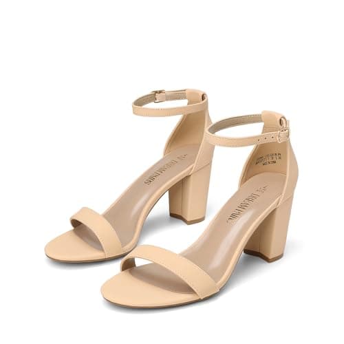 DREAM PAIRS Women's Chunky Block Heel Sandals, Open Toe Ankle Strap Dress Shoes, Comfortable Wedding Guest Heels for Party, Prom and Formal Events,Size 5,Nude/Nubuck,CHUNK
