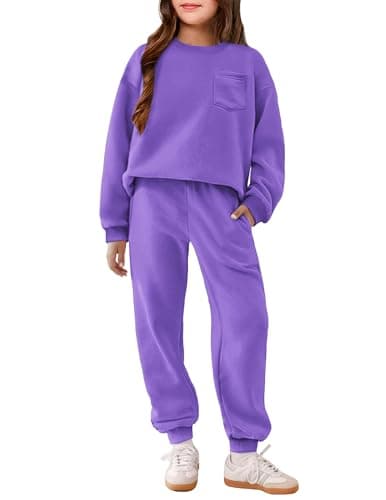 Arshiner Girls 2 Piece Fall Outfit Crew Neck Sweatshirt and Sweatpants Tracksuit Y2k Kids Clothes Light Purple 13-14 Years