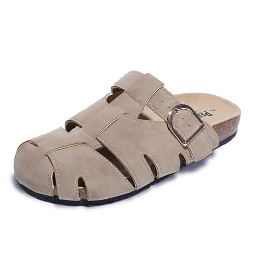 PEPPEP COLLECTION Women's Mesh Fisherman Clog Sandals with Adjustable Buckle, Faux Suede Upper, Memory Foam & Suede Footbed, Shock-Absorbing Bottom(12,Taupe)