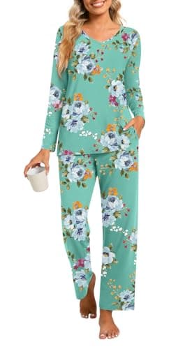 syoss Womens Pajamas Set 2 Piece Fall Long Sleeve Lounge Sleepwear Ladies Pjs Sets with Pockets S, Mint Green