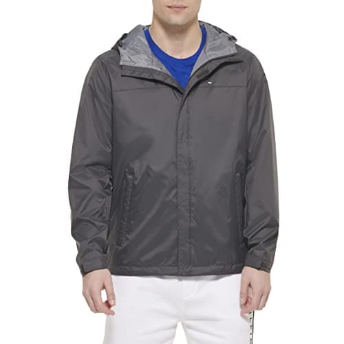 Tommy Hilfiger Men's Lightweight Breathable Waterproof Hooded Jacket, Charcoal, X-Small