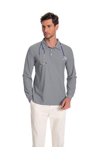 Milarlv Scrub Shirt for Men Lab Medical Polo Nursing Doctor Stand Up Collared Long Sleeve Medicine Work Top Light Grey
