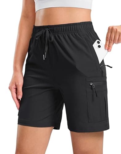 SANTINY Women's 7" Lightweight Hiking Cargo Shorts with 5 Zipper Pockets Quick Dry Summer Long Travel Golf Shorts for Women (Black_L7_L)