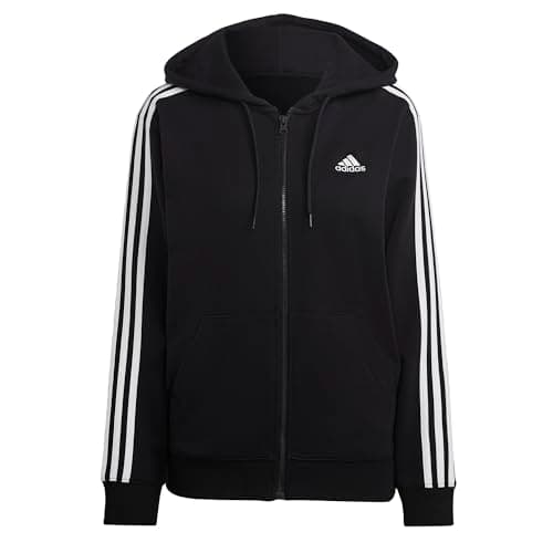 adidas Women's Essentials 3-Stripes French Terry Regular Full-Zip Hoodie, Black/White, Small