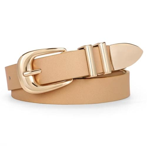 WERFORU Women Leather Belt Fashion Leather Waist Belt for Pants Jean Ladies Western Thin Belt with Gold/Silver Buckle Fit Waist Size 45"-49",E-Khaki-Gold